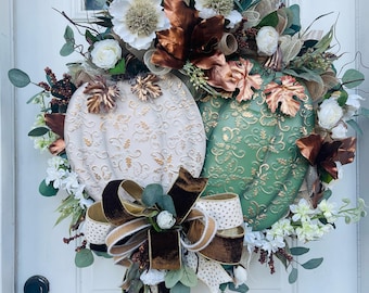 XL handmade fall wreath with autumn leaves and berries, elegant seasonal decor for front door or mantel, Ivory brown green fall decor, porch