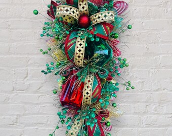 Red gold and green Christmas Wreath Swag for Front Door with plaid ribbon and Jewels, Traditional Holiday Decor, front door decoration