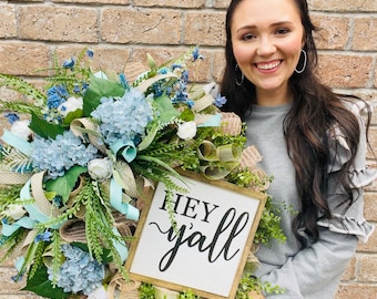 Blue Hydrangea wreath with "Hey Y'all" sign, handmade southern charm decor, perfect for gift or hosts & housewarming, everyday door wreath