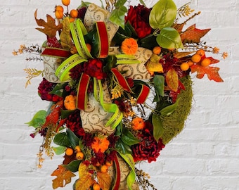 Luxurious Fall Floral Wreath on Moss Base with Autumn Ribbon, orange red and green Elegant Door Decor, Harvest Colors, Handmade Fall Wreath