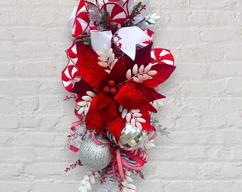 Luxury Red and white Christmas Swag Wreath, Peppermint Holiday Door Decor, Festive Red White Ribbon Wreath, Elegant Christmas Decoration