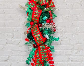 XXL Red and green Christmas swag, jewel ornament holiday decor, luxury ribbon Christmas wreath, festive entryway decoration, stitched ribbon
