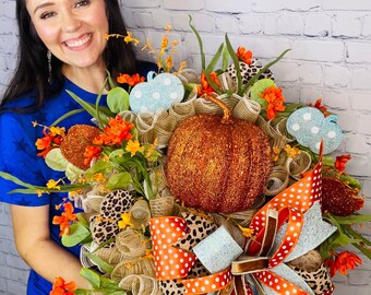 Teal and orange fall pumpkin wreath | Farmhouse fall pumpkin wreath| Farmhouse fall decor| pumpkin decor| teal pumpkin wreath | harvest