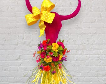 Bright Summer Yellow Pink Bull Cow Skull Wreath, Country Summer Floral Wall Decor, Large Western Door Hanger, Cowgirl Rodeo Home Accent