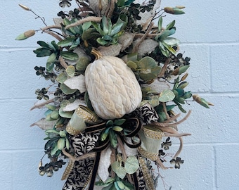Luxurious Fall Wreath with Velvet Pumpkin, Cream, Gold, and Green - Elegant Autumn Decor for Hosts, Seasonal Front Door Wreath, Thanksgiving