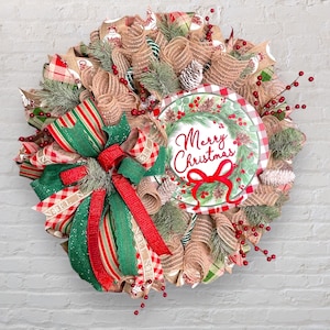 Traditional red and green Farmhouse Christmas Wreath | big Merry Christmas wreath | frosted pine wreath | Christmas wreath for front door