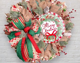 Traditional red and green Farmhouse Christmas Wreath | big Merry Christmas wreath | frosted pine wreath | Christmas wreath for front door