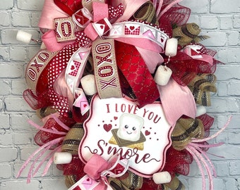 Red and pink Valentine wreath, I love you more wreath sign,  wreath for front door, heart wreath, red floral wreath, Valentine door wreath