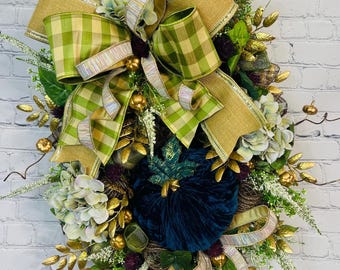 XL Luxurious Elegant Fall Wreath, Handmade Autumn Decor, green and dark teal  Pumpkin Wreath, Front Door Autumn Wreath, Thanksgiving Decor