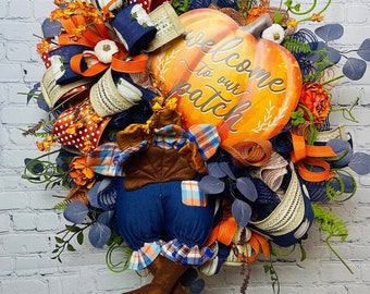 Blue and orange pumpkin Fall wreath, autumn wreath,  metal pumpkin sign, autumn door decor, rustic orange flowers, handmade seasonal decor