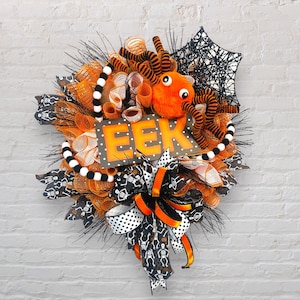 orange and black spooky wreath| spider Halloween wreath| orange Halloween| Halloween door wreath| all hallows eve| spider web wreath