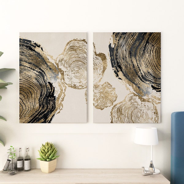 Gold Tree Ring Print Set, Tree Ring Art, Minimalist Prints, Gold And Black Art, Neutral Abstract Art, Modern Abstract Art, Watercolor Print