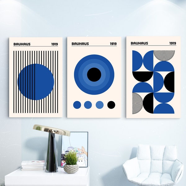 Bauhaus Wall Art, Set of 3 Mid Century Modern Posters and Prints in Cobalt Blue, Geometric Wall Art, Mid Century Modern, Bauhaus Decor