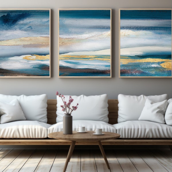 Abstract Wall Art Set of 3, Blue & Gold Wall Art, Abstract Print Set, Extra Large Wall Art, Modern Home Decor, Abstract Oil Painting