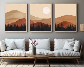 Earth Tones Mountain Wall Art, Abstract Mountain Print Set, 3 Piece Wall Art, Landscape Print Set, Modern Home Decor, Printable Triptych