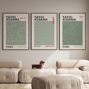 Juego de 3 pósteres verdes de Yayoi Kusama, impresión de Yayoi Kusama, impresión de arte japonés, arte mural verde salvia, póster verde salvia, arte mural verde