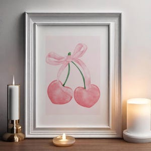 Estampado de cerezas, arte de pared de moda, póster femenino imprimible, decoración de dormitorio con lazo rosa coqueto, estética preppy femenina, estampado de apartamento universitario