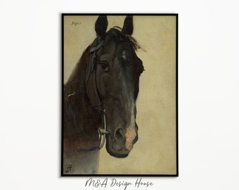 Vintage Black Horse Painting, Black Horse Print, Farmhouse Wall Decor, Antique Equestrian Print, Horse Print, Black Horse Painting