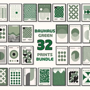 Bauhaus Green 32 Prints Bundle, Mid Century Modern, Abstraktes Grünes Poster, Grünes Geometrisches Plakat, Bauhaus Grüne Drucke, Grüne Wandkunst
