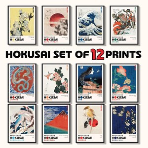 Katsushika Hokusai Conjunto de 12 impressões, japonês vintage, arte de parede Hokusai, arte de parede japonesa, conjunto de pôsteres coloridos, pôster Hokusai, arte Hokusai