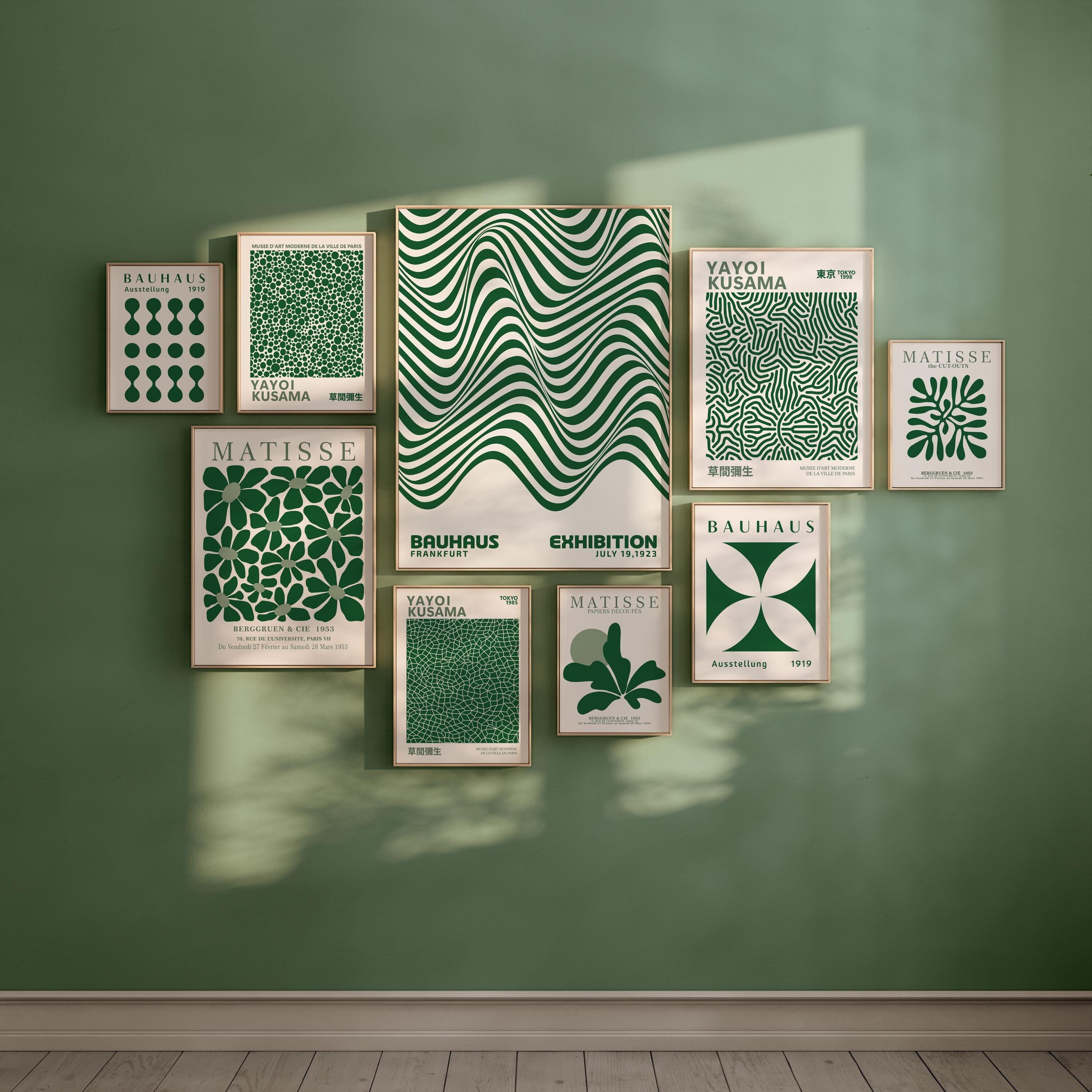 Green Wall Print Set of 9, Green Print, Green Wall Art, Matisse Wall Art, Bauhaus Wall Art, Kusama Wall Art, Green Poster