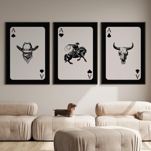 Lot de 3 oeuvres d'art pour mur Occidental, impression de cowboy, art mural de cartes à jouer, impression d'art sud-ouest, impression western tendance, impression chapeau de cowboy, impression tête de mort