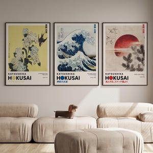 Conjunto de 3 impresiones de Katsushika Hokusai, conjunto de impresiones japonesas, conjunto de pared de galería, impresión de Hokusai, póster japonés, conjunto de póster colorido, póster de Hokusai