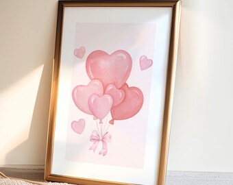 Art mural ballons roses tendance, affiche BCBG, décoration d'appartement universitaire, impression aquarelle de ballons, décoration de chambre coquette, art mural girly