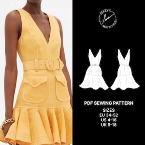 Puede incluir: Un patrón de costura PDF para un vestido de lino amarillo con cuello en V, cinturón y bolsillos. El patrón incluye las tallas EU 34-52, US 4-16 y UK 6-18.