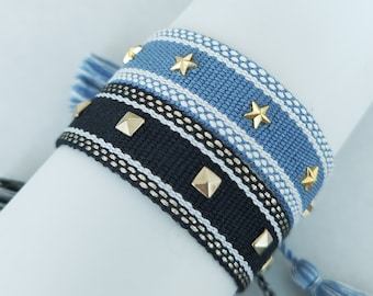 Hand Woven Embroidered Bracelet Adjustable Tassels Braided Rope Star Rivet Wristband Women Square Steel Rivet Woven Friendship Bracelet Gift