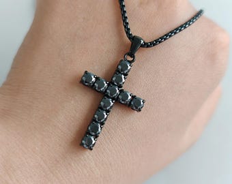4/5mm Moissanite Diamond Cross Pendant Necklace Rhodium Gold Plated 316L Stainless Steel Black Chain for Men Women Father's Day Gift