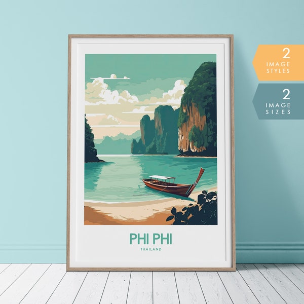 Phi Phi Islands Travel Print | Thailand Beach Poster, Tropical Wall Art, Retro Phi Phi Travel Poster, Retro Travel Decor, Vintage Posters