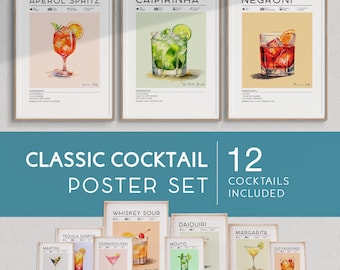 Conjunto de 12 impressões de coquetéis, arte de parede clássica de coquetéis, impressões minimalistas de bebidas alcoólicas, decoração de carrinho de bar, pôster de coquetéis vintage, arte de parede de carrinho de bar