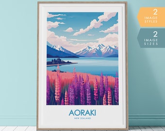 Plakat podróżniczy Aoraki Nowa Zelandia | Nowozelandzki wydruk artystyczny, plakat Mount Cook, plakat z parku narodowego, sztuka ścienna górska, sztuka NZ, sztuka Aotearoa