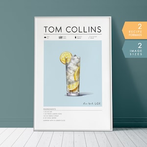 Decoración de carrito de bar, póster de cócteles de Tom Collins, póster de mixología, póster de cócteles, póster de alcohol, cóctel exclusivo, arte de pared IMPRIMIBLE
