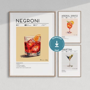 Set of 3 Cocktail Prints | Aperol Spritz, Negroni, Martini, Retro Cocktail Prints, Bar Cart Decor, Cocktail Gallery Set, Bar Cart Prints Set