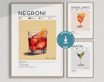 Set of 3 Cocktail Prints | Aperol Spritz, Negroni, Martini, Retro Cocktail Prints, Bar Cart Decor, Cocktail Gallery Set, Bar Cart Prints Set