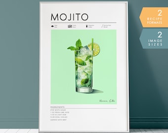 Impresión de cóctel mojito, arte minimalista de cócteles, póster de bar mojito, impresión de alcohol, decoración de carrito de bar, descarga digital, arte de carrito de bar IMPRIMIBLE