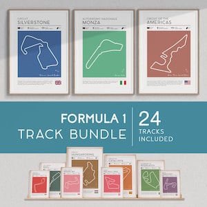 Formule 1-muurkunst, set van 24 F1-circuitposters, Formule 1-cadeau racefans, racebaanafdrukken, F1-muurkunst, vintage F1-circuitafdrukbundel