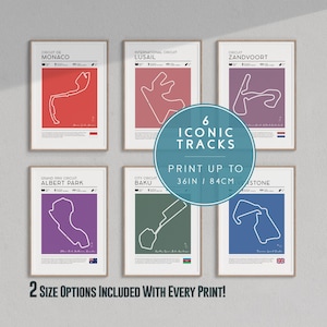 Formule 1-muurkunst, set van 6 F1-circuitposters, Formule 1-cadeau voor racefans, Bakoe, Monaco, Qatar, Silverstone, Australië-trackposter