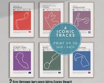 Op de afbeelding: Zes printbare posters van iconische racecircuits, waaronder Monaco, Lusail, Zandvoort, Albert Park, Bakoe en Silverstone. Elke poster heeft een witte omtrek van het circuit op een gekleurde achtergrond, met de naam van het circuit en de locatie eronder gedrukt. De posters zijn verkrijgbaar in twee formaten, tot 91 cm.