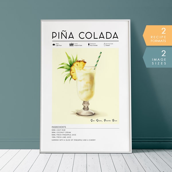 Pina Colada Cocktail Print | Classic Cocktail Wall Art, Minimalist Alcohol Print, Bar Cart Decor, Pina Colada Poster, PRINTABLE Bar Cart Art