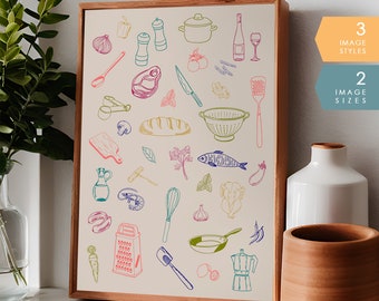 Kitchen Ingredients Wall Art | Kitchen Art, Food Art Print, Ingredients Art, Food Print, Retro Kitchen Decor, Doodle Prints, Kitchen Art