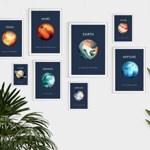 Könnte beinhalten: Ein Satz von neun gerahmten Drucken mit Illustrationen der Planeten unseres Sonnensystems. Jeder Druck hat einen dunkelblauen Hintergrund mit dem Namen des Planeten in weißer Schrift und einer Beschreibung des Planeten in kleinerer weißer Schrift. Die Planeten sind in Aquarelltechnik mit realistischen Farben und Details dargestellt.