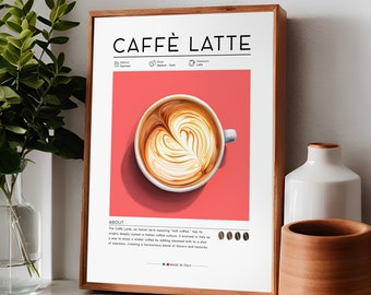 Café Latte afdrukken | Koffieprint, Italiaanse koffieprint, retro koffieposter, keukenkoffiemuurkunst, cafékunst, minimalistische koffiekunst