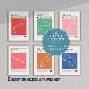 Formule 1-muurkunst, set van 6 F1-circuitposters, Formule 1-cadeau voor racefans, Monza, Monaco, Suzuka, Silverstone, Amerika-trackposter