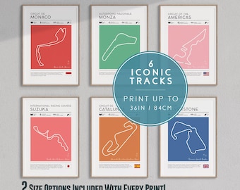 May include: Six printable posters featuring track maps of iconic race circuits: Monaco, Monza, Circuit of the Americas, Suzuka, Catalunya, and Silverstone. Each poster includes the track name, location, and a flag representing the country. The posters are available in two sizes, up to 36 inches.