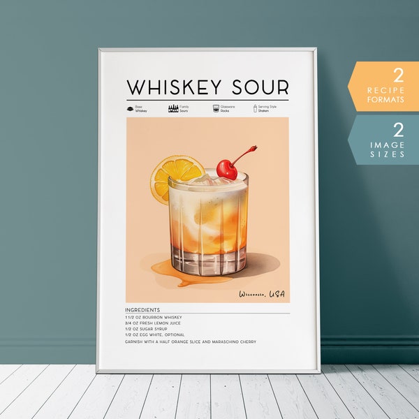 Whiskey Sour Cocktail Print | Minimalist Retro Digital Bar Art, Bar Cart Decor | Mixology Prints, Bar Cart Prints, Digital PRINTABLE Art