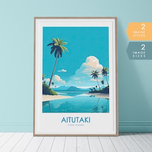 Aitutaki, affiche de voyage des Îles Cook | Art de voyage tropical, affiche des îles du Pacifique, affiche de plage, art côtier des îles Cook, art polynésien