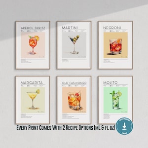 6er Set Cocktail Prints | Barwagen Drucke, Aperol Spritz Druck, Martini Druck, Negroni, Margarita, Mojito, altmodisch, Barwagen Dekor